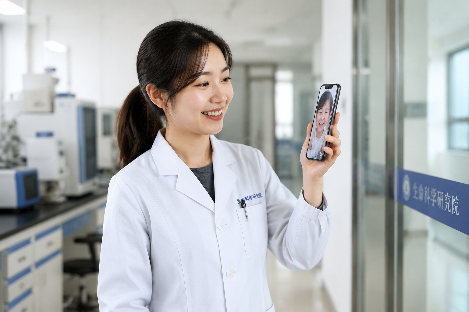 Female scientist talking to her child on video call in a laboratory corridor