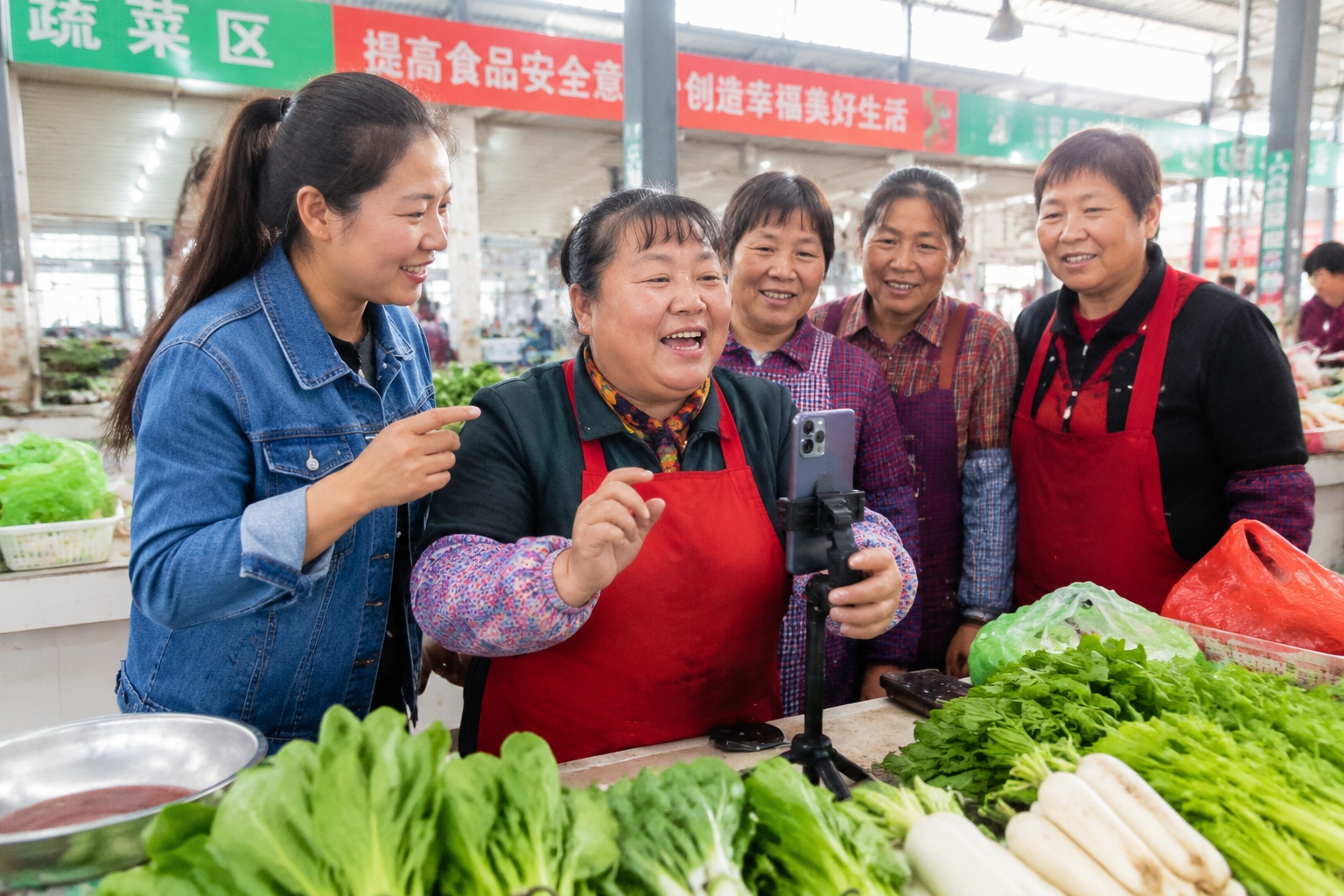 Young woman teaches elderly vegetable vendors to use smartphone for livestream selling in Kunming wet market.