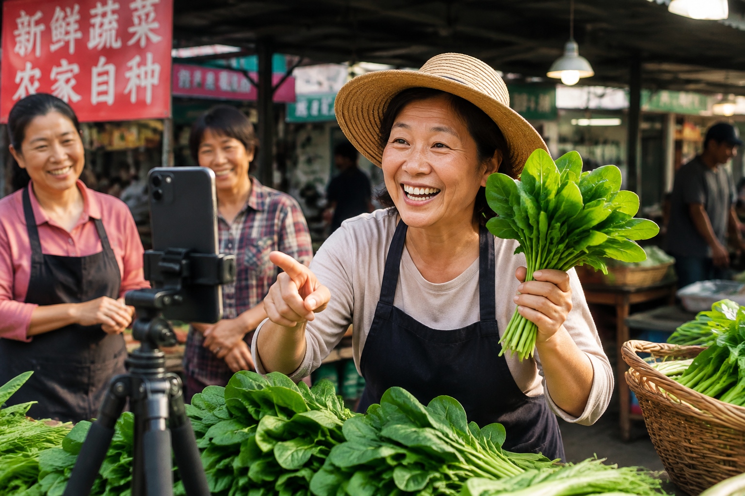 Middle-aged vegetable vendor livestreams fresh spinach from her market stall for online customers.
