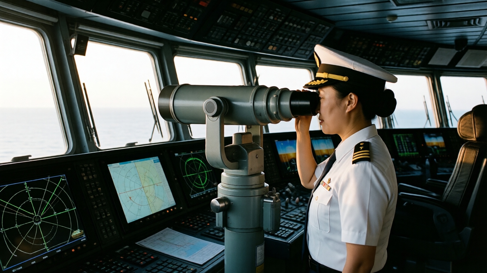 Female Chinese warship captain Wei Huixiao on the bridge of the destroyer at sunrise, looking out over the East China Sea.