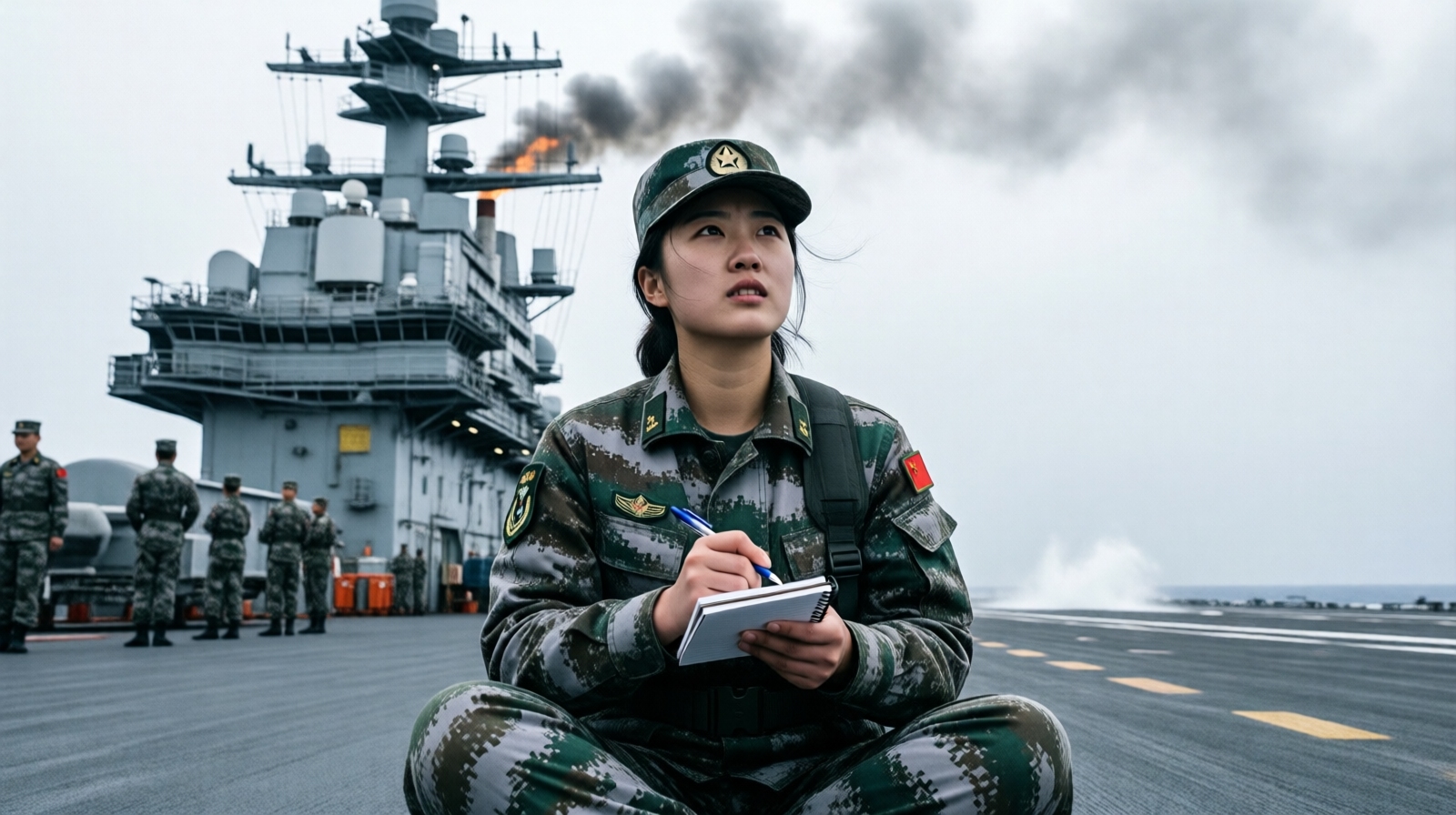 Wei Huixiao during her early navy years, studying notes on the deck of the aircraft carrier Liaoning.
