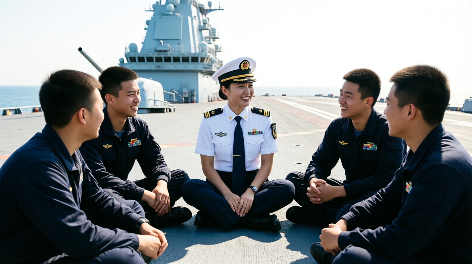 Captain Wei Huixiao talking with young sailors on the flight deck, building team spirit on the Shaoxing.