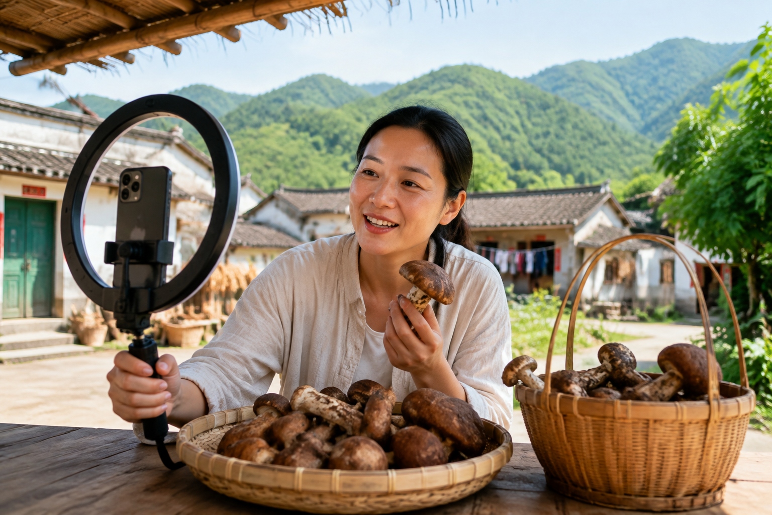 Chinese rural woman livestreaming mushrooms from her village courtyard