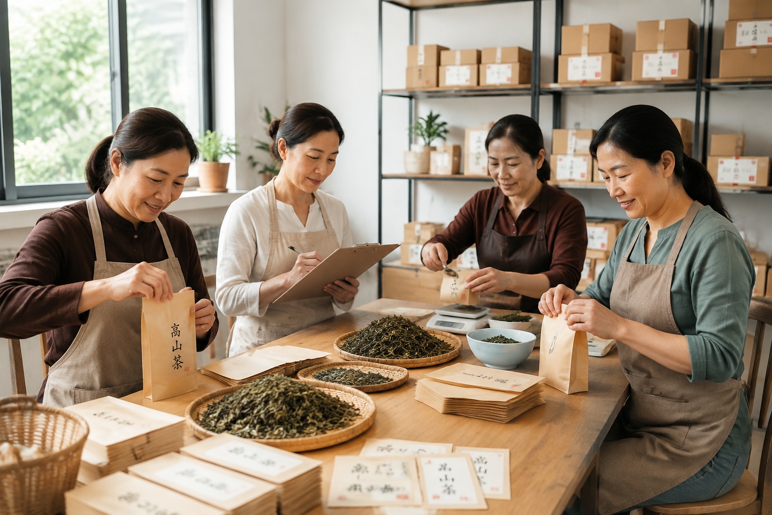 Chinese women cooperatively packing organic tea in a rural workshop