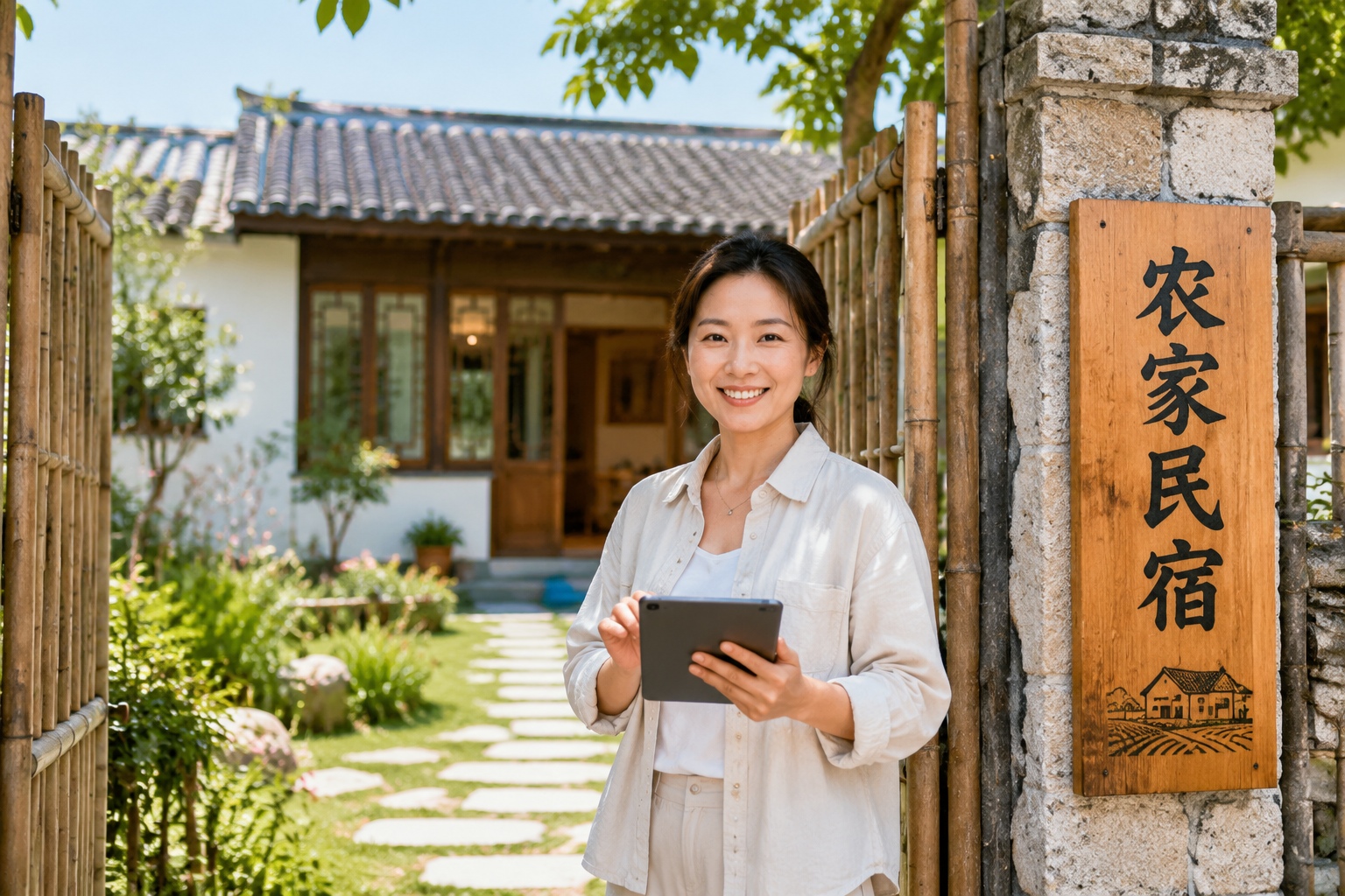 Chinese rural woman entrepreneur standing at her farm stay guesthouse with tablet