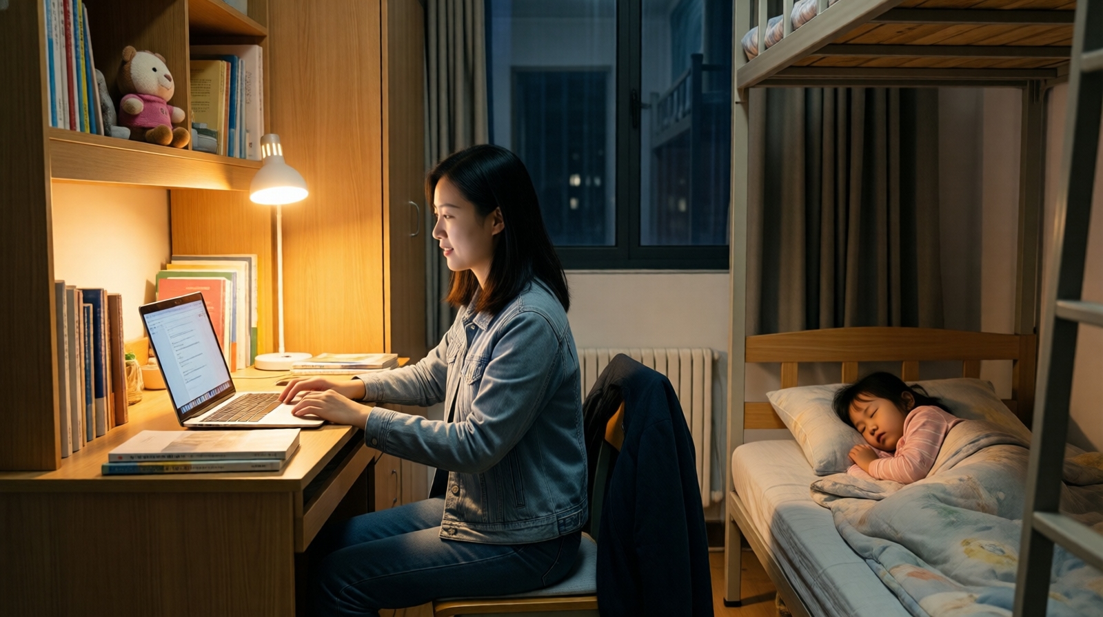 A single mother studying at night in her university dorm room while her young daughter sleeps in a small bed beside her