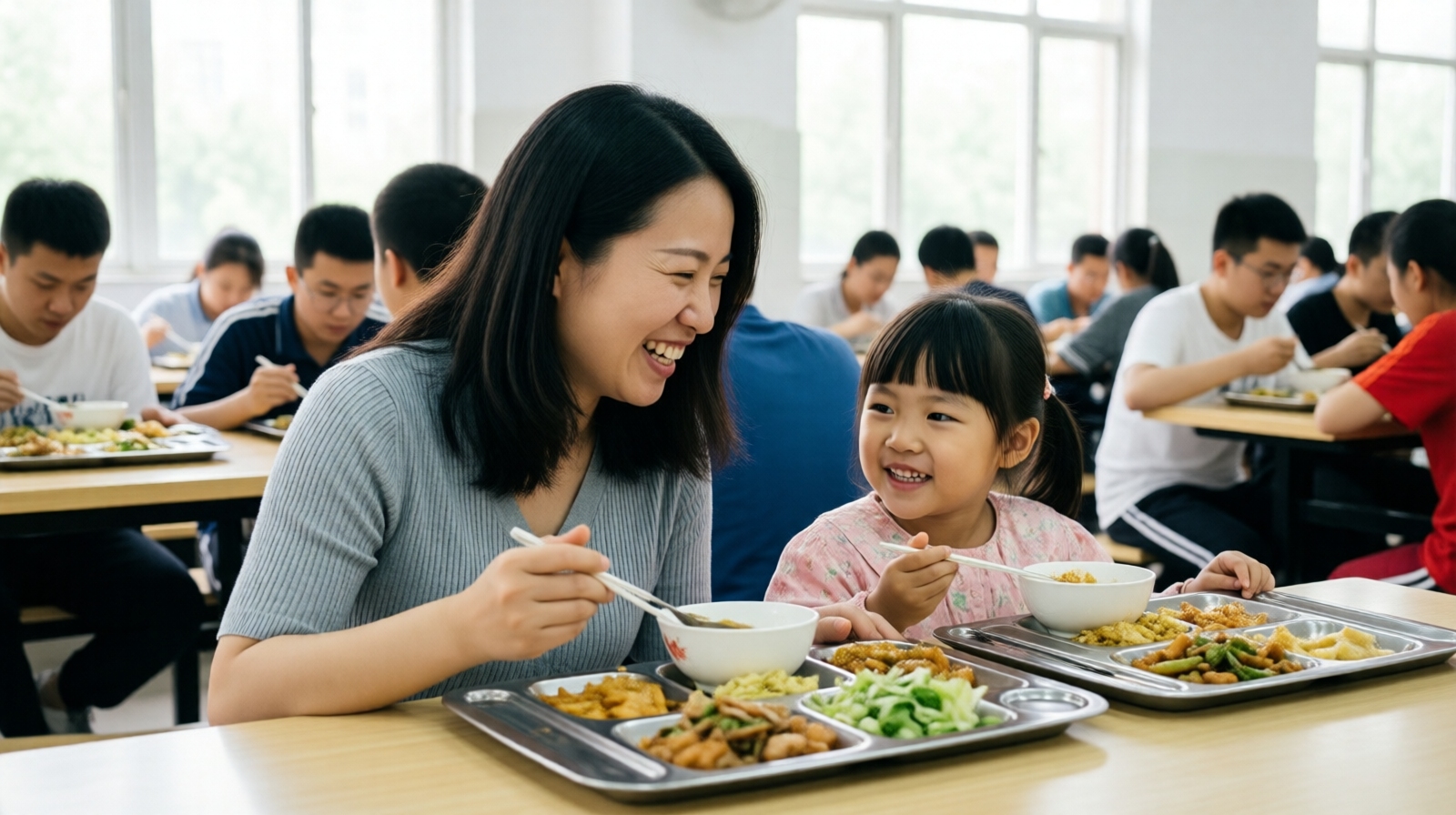 A single mother and her daughter having lunch with other students at a bright Chinese university canteen