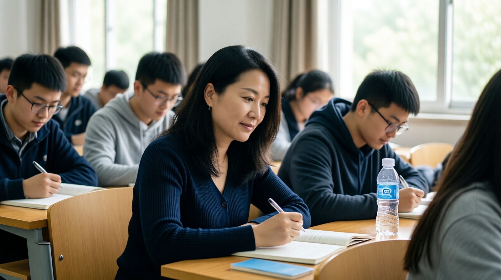 A mature Chinese woman student sitting in a classroom with younger classmates, taking notes and smiling