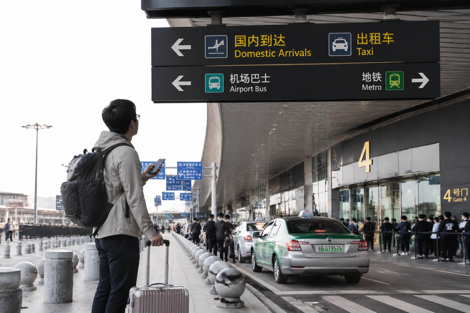 Foreign traveler at a Chinese airport arrival hall checking a phone while waiting for a taxi