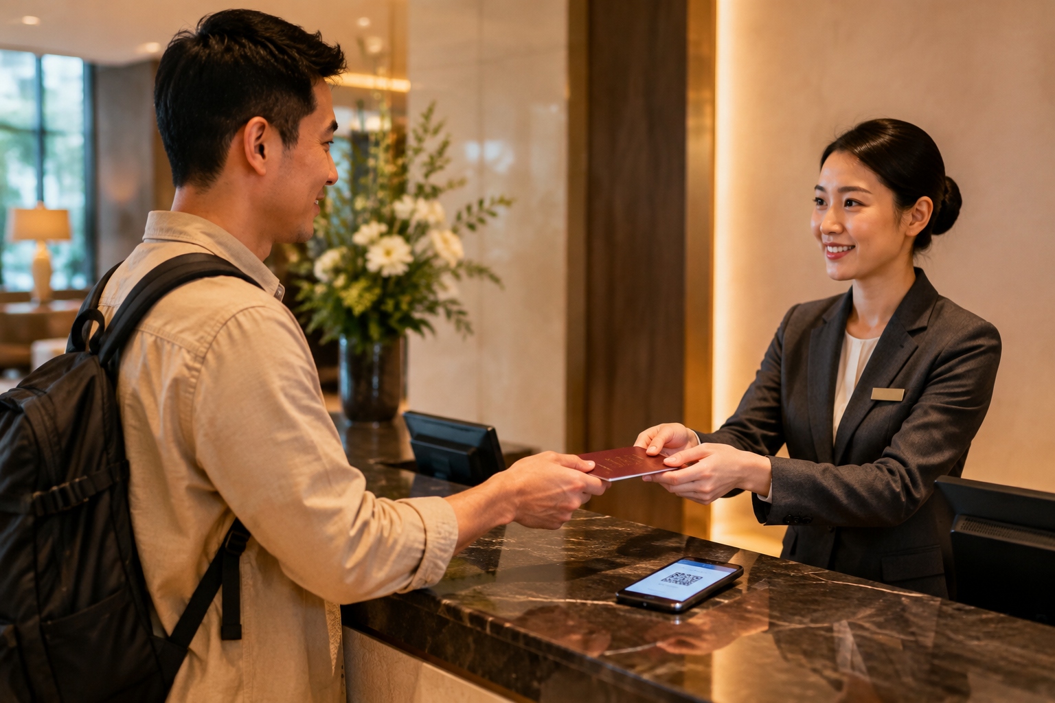 Tourist completing hotel check-in in China while setting up mobile payment on a phone