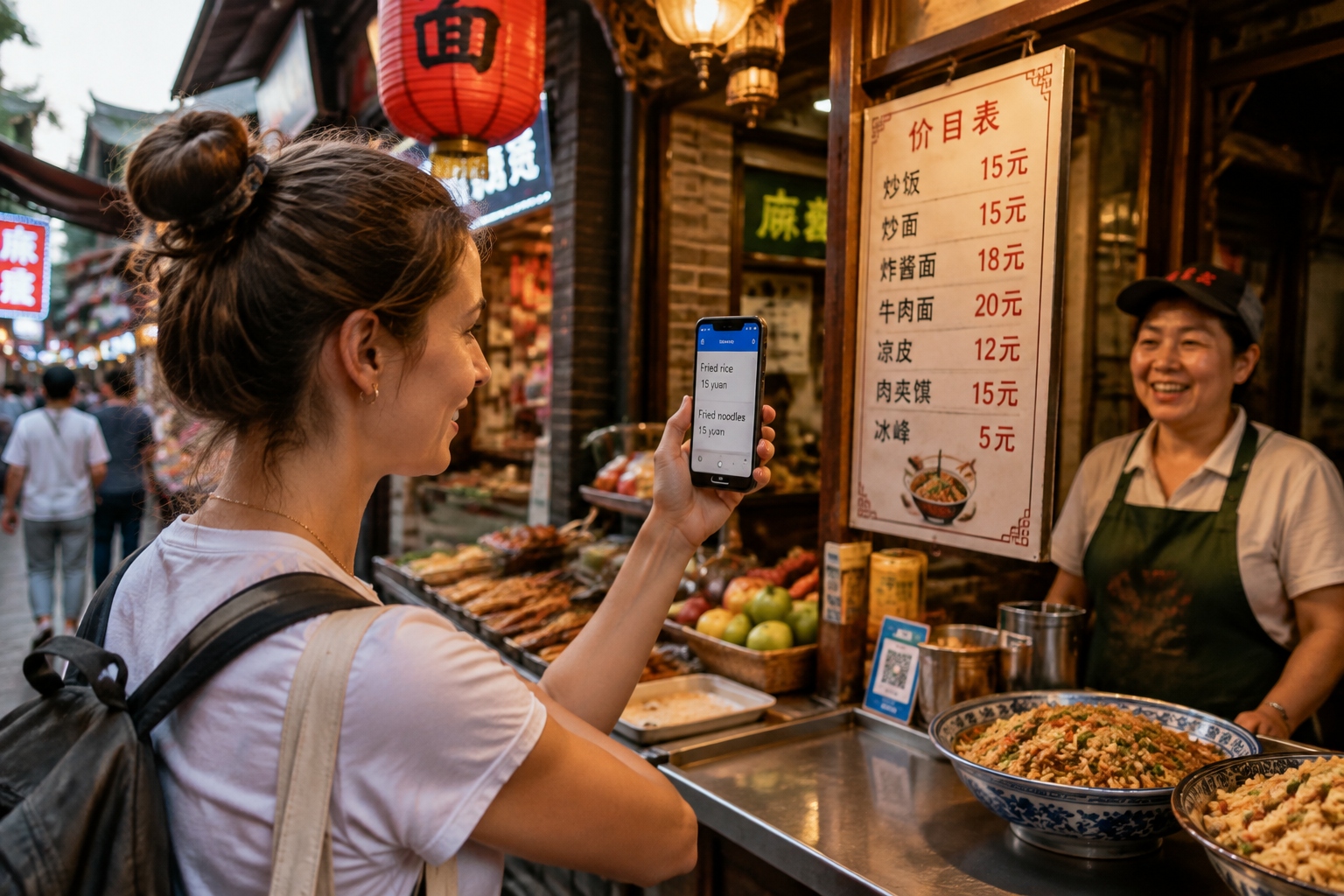 Tourist using a phone translation app to read a menu at a street food stall in China