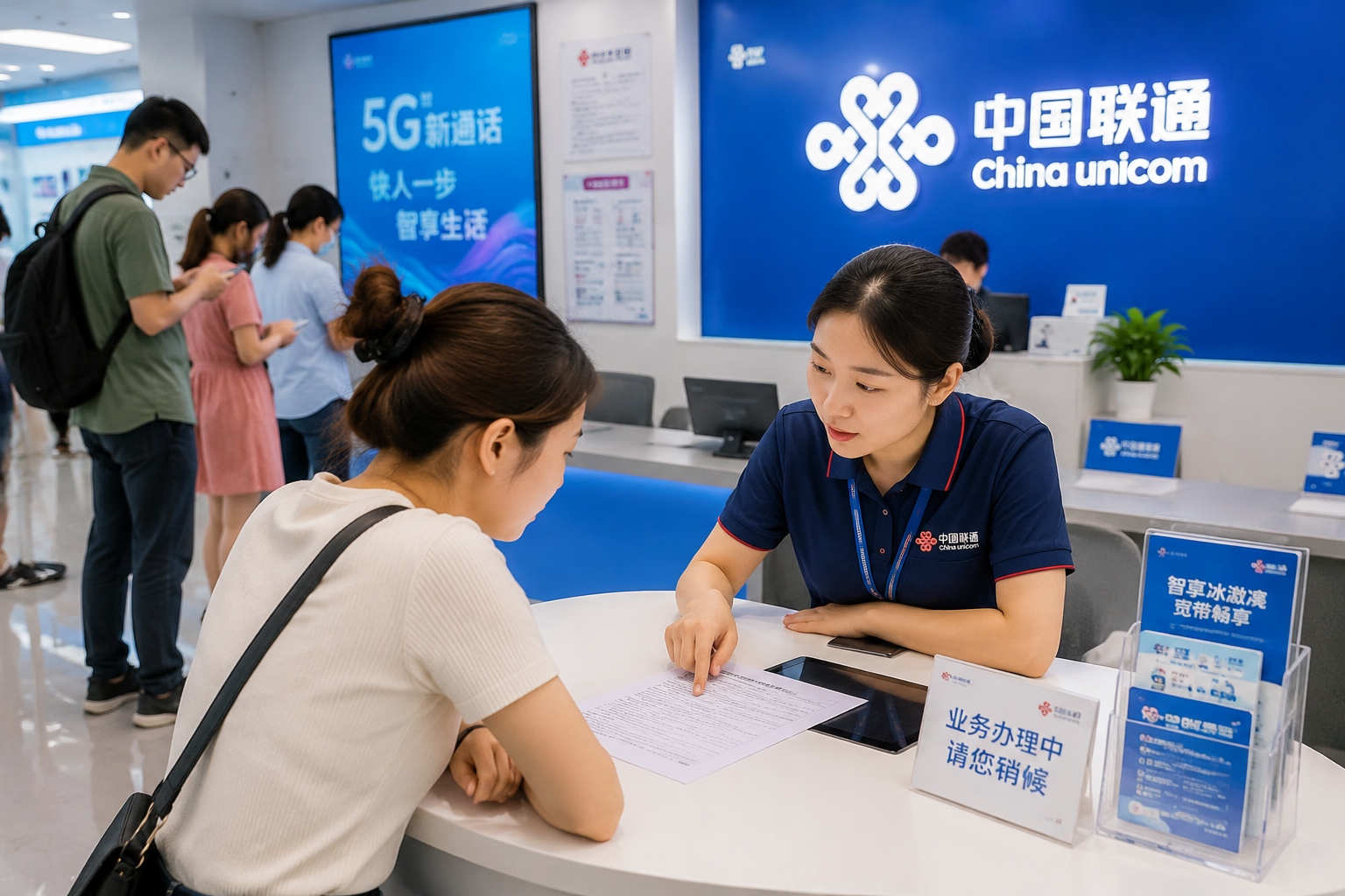 Customer reviewing a mobile contract at a China Unicom store