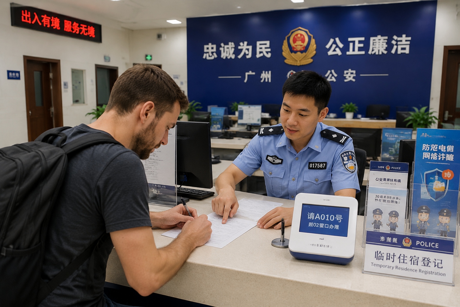 A foreigner filling out a police registration form at a Chinese police station service window.