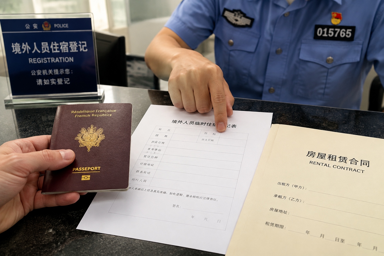 Passport and rental contract on a police counter during accommodation registration in China.
