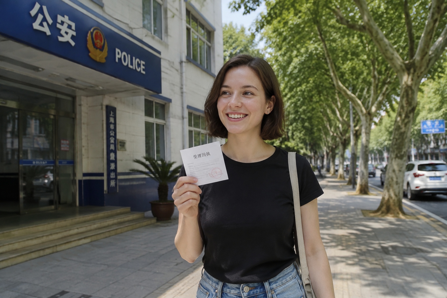 Smiling foreign woman holding her accommodation registration slip on a street in Shanghai.