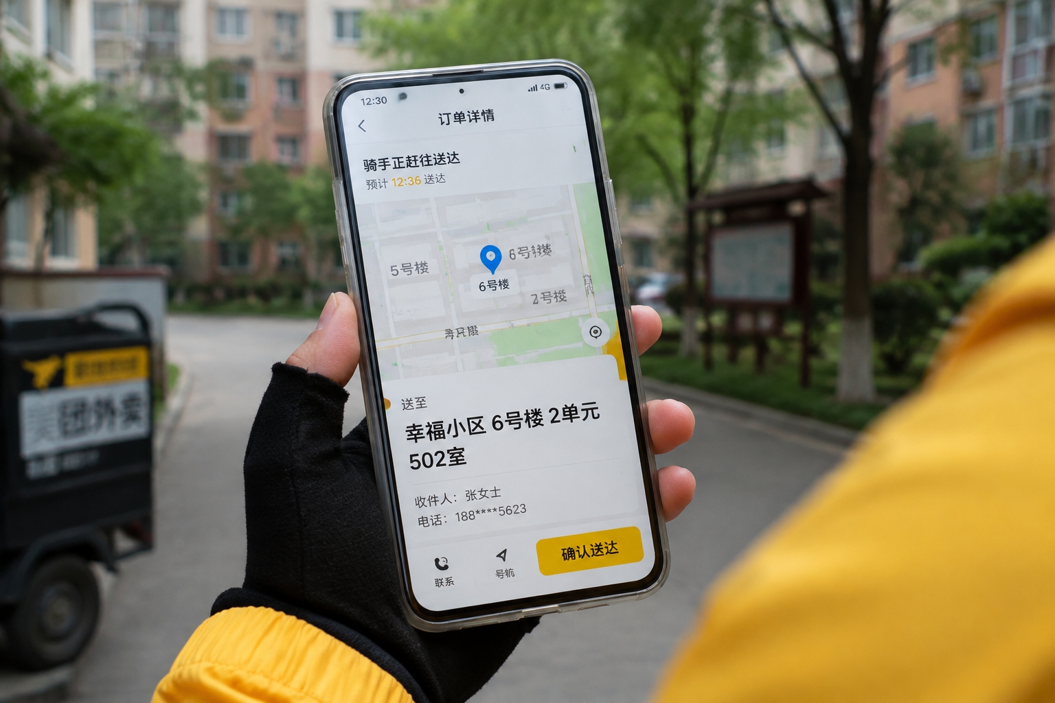 Delivery rider using a map app to find a building inside a Chinese xiaoqu residential compound.