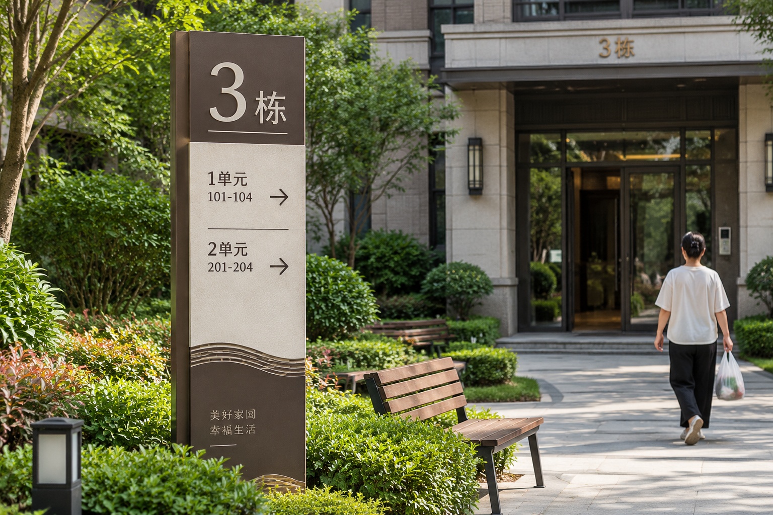 Building number sign at a Chinese residential compound indicating unit numbers and floor numbers.