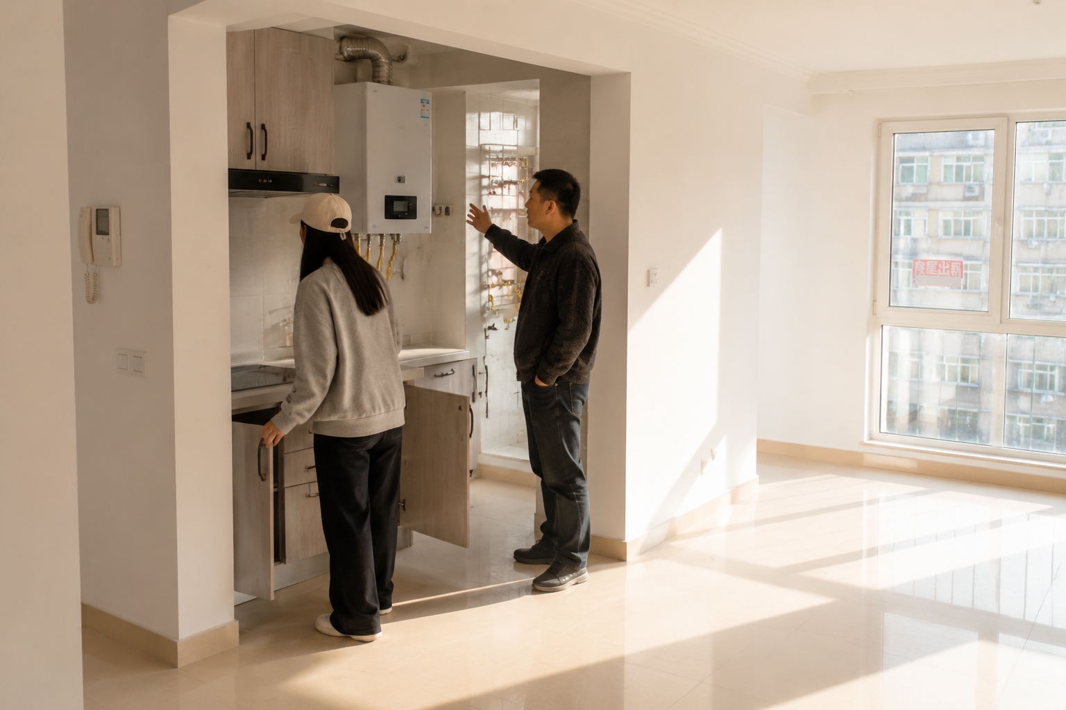 Potential tenant inspecting kitchen cabinets during an apartment viewing in China, while landlord explains the utilities.