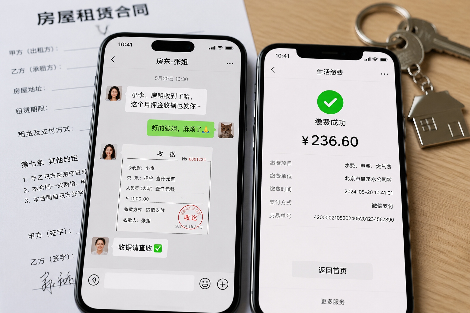 Smartphones showing WeChat rent payment and utility bills payment, key parts of renting in China.