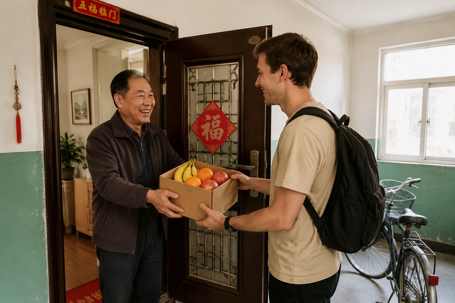 Smiling Chinese landlord welcoming a foreign tenant with a gift of fruit at the apartment entrance.