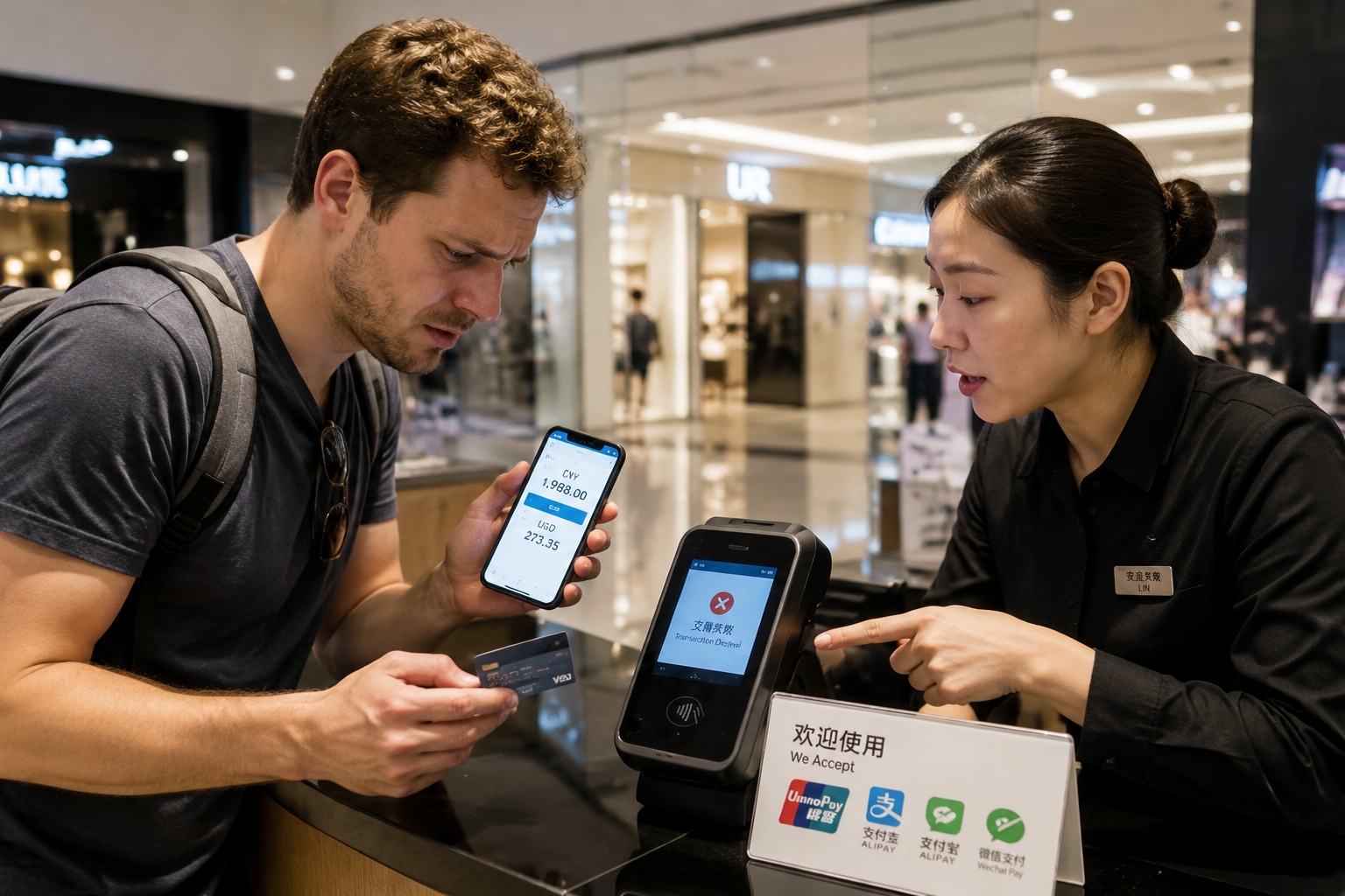 Foreign traveler’s credit card declined at a payment terminal in a Chinese mall