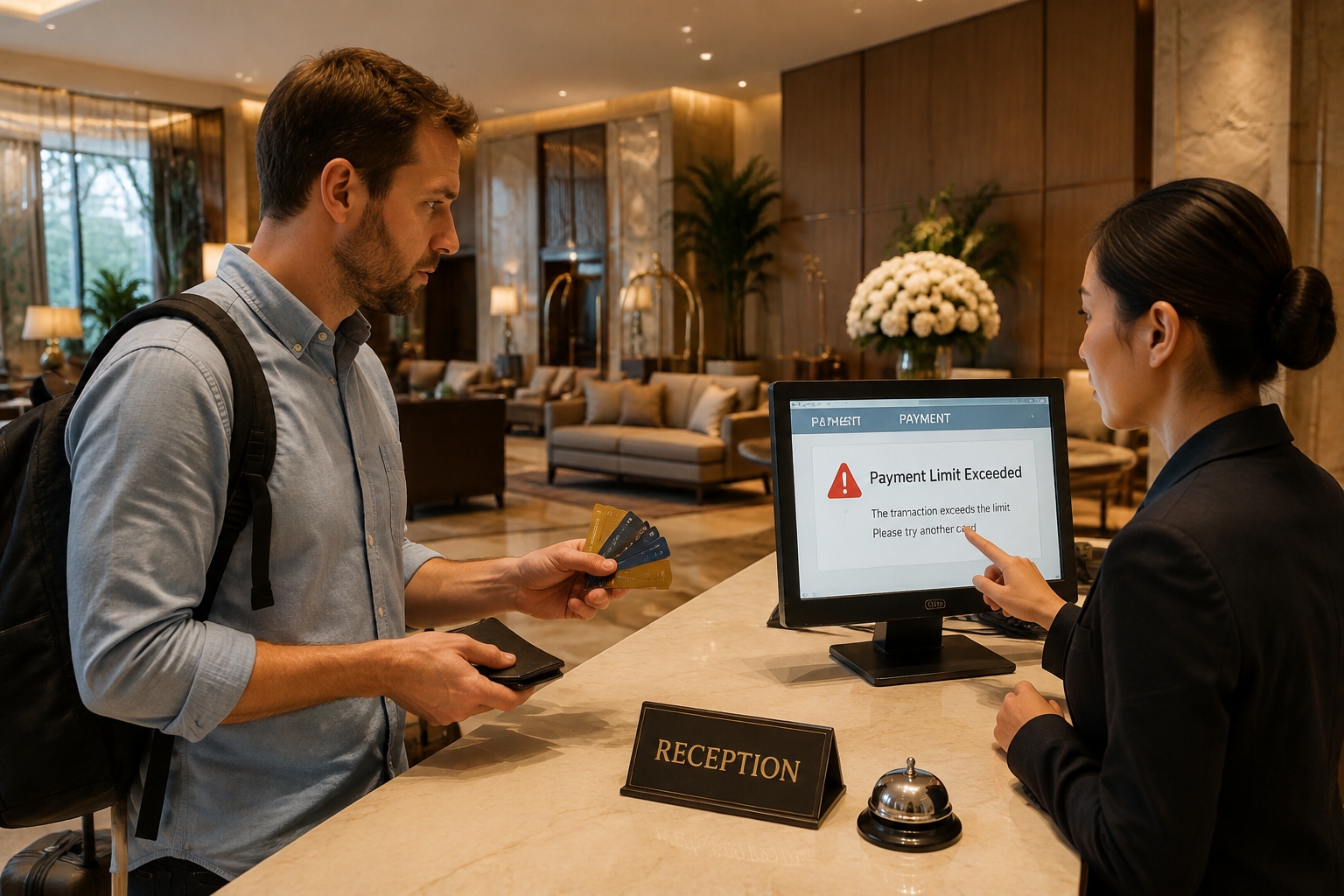 Expat paying a hotel bill with multiple credit cards in China and discussing payment limits