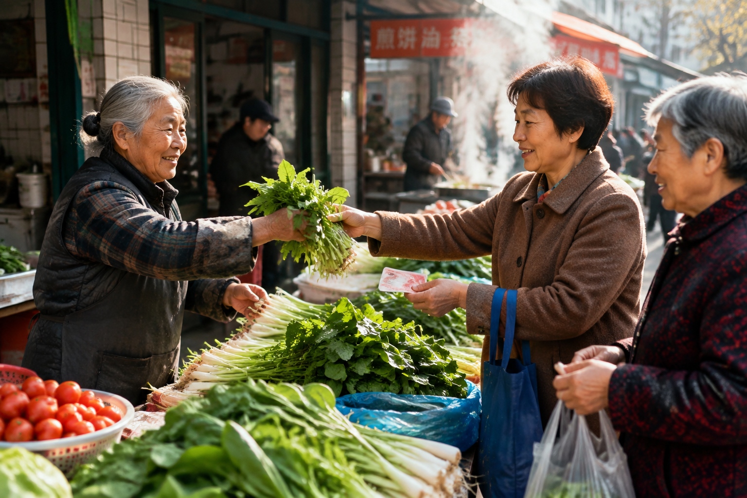 Customer paying with cash at a vegetable stall in a Chinese wet market