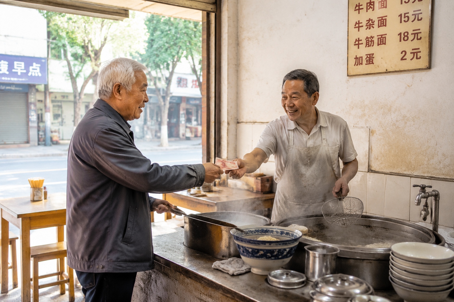 Elderly customer paying with paper money at a small family-run noodle shop in China
