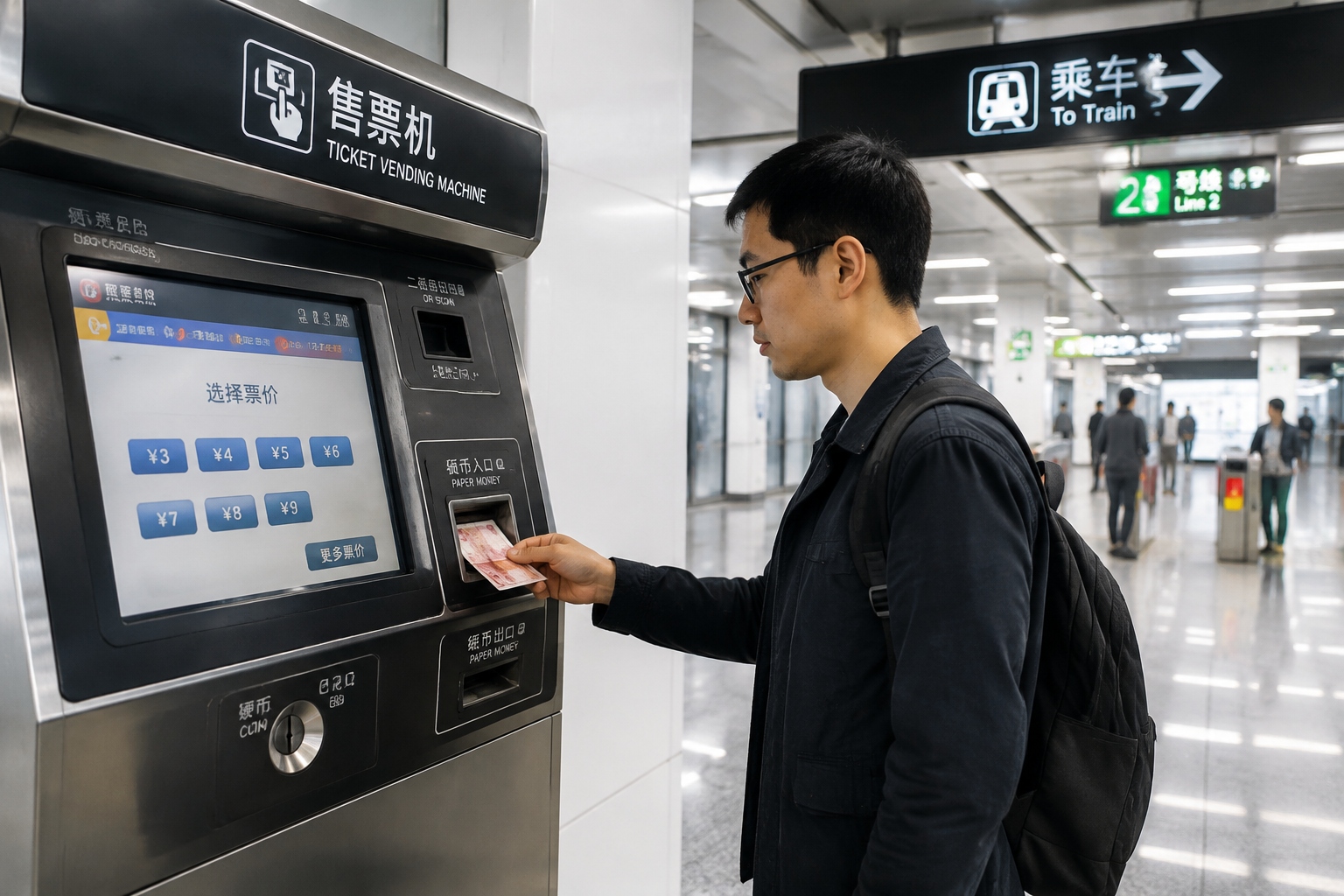 Passenger buying a metro ticket with cash at a station in China