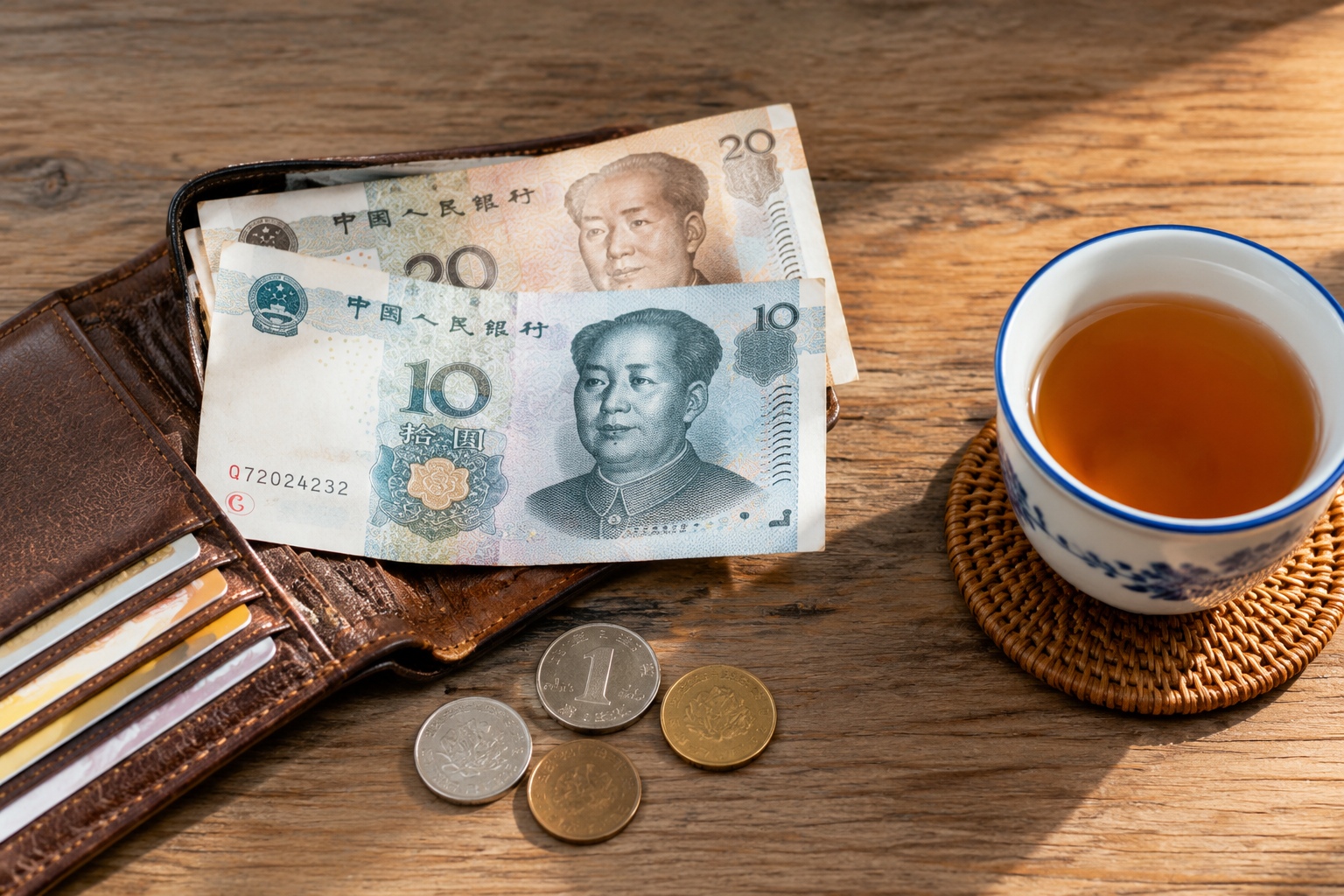 A wallet with small-denomination Chinese yuan banknotes and coins