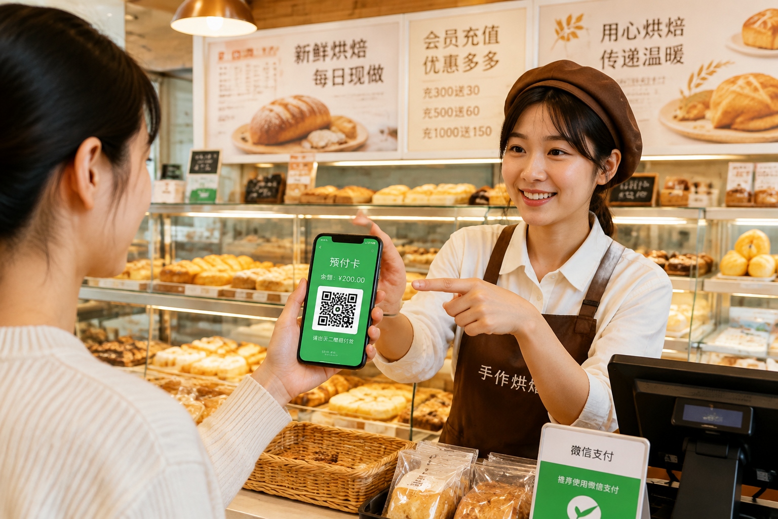 Customer using a mobile payment app for a prepaid card at a Chinese bakery counter