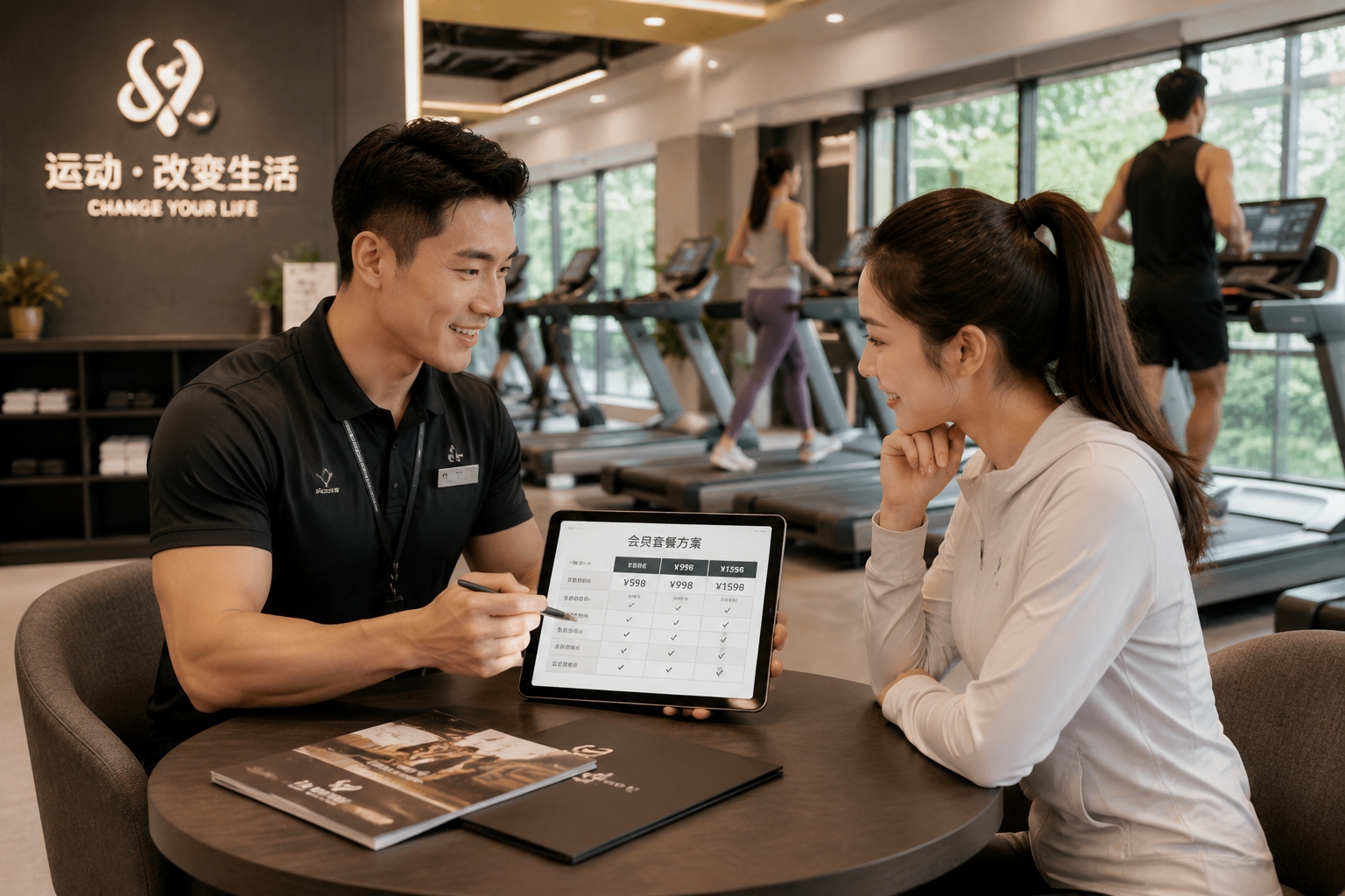 Fitness consultant presenting a gym membership plan on a tablet in China