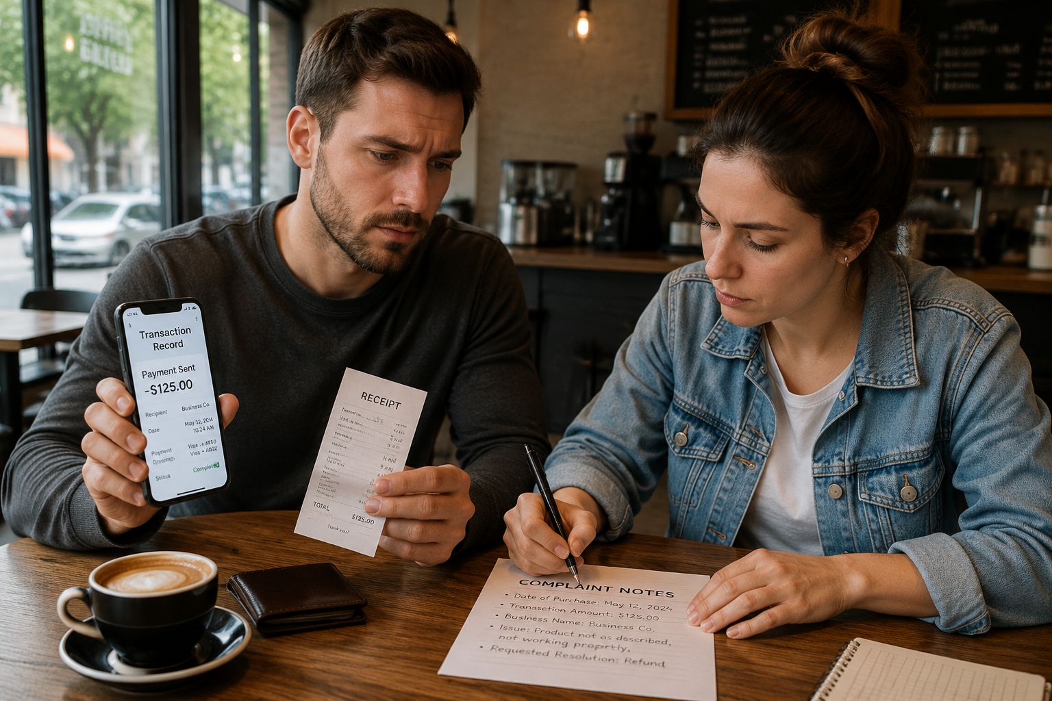 Consumer documenting a prepaid card complaint with phone and notes in a cafe