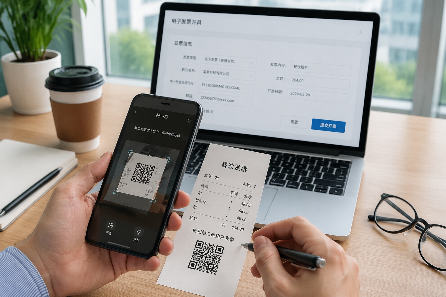 A foreign employee scans a QR code on a restaurant receipt to receive an electronic fapiao in China
