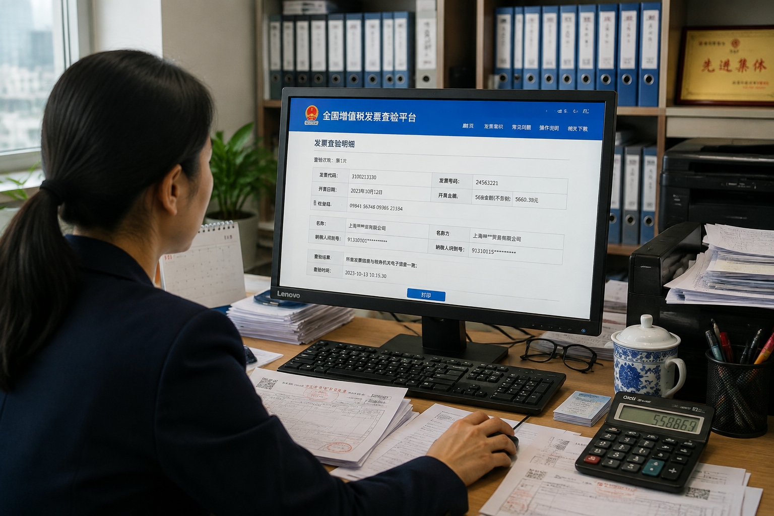 A Chinese finance employee verifies an electronic VAT special invoice on the national tax verification platform