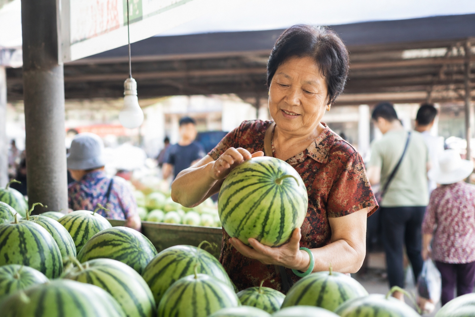 Elderly Chinese woman tapping a watermelon to check ripeness at a market stall