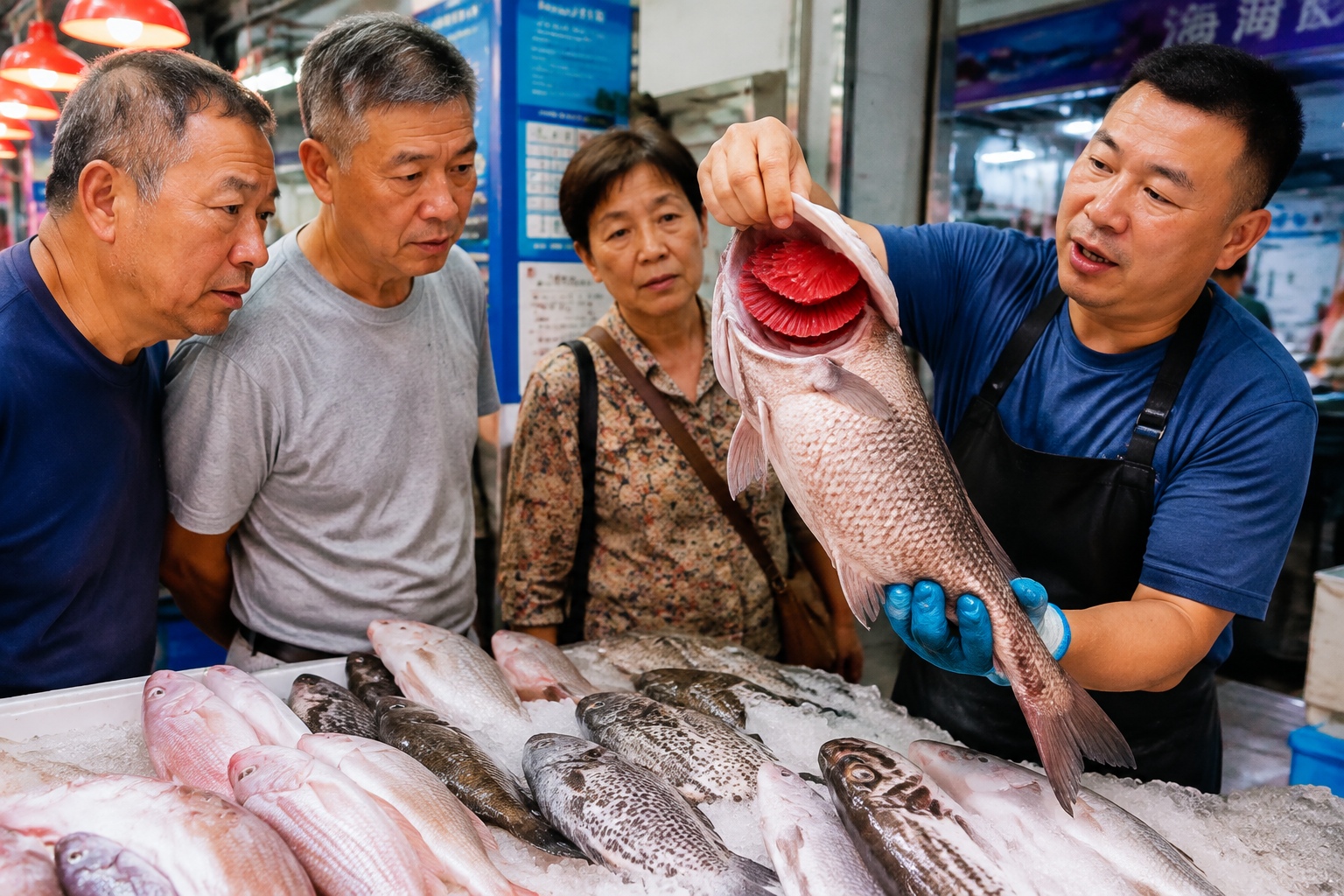 Fishmonger showing bright red gills of a fresh fish at a Chinese wet market