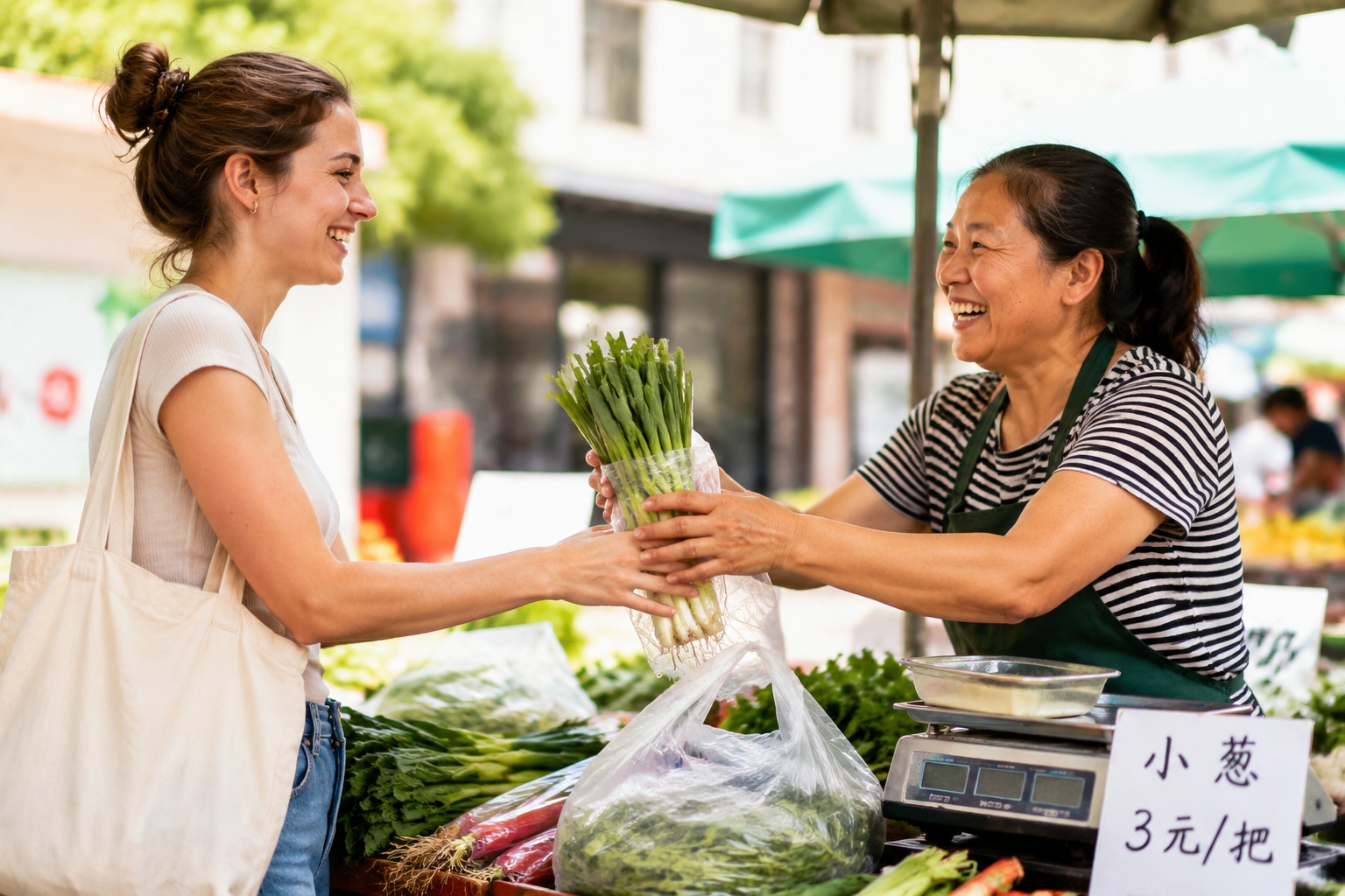 Vendor handing a bunch of scallions to a smiling customer at a Chinese market