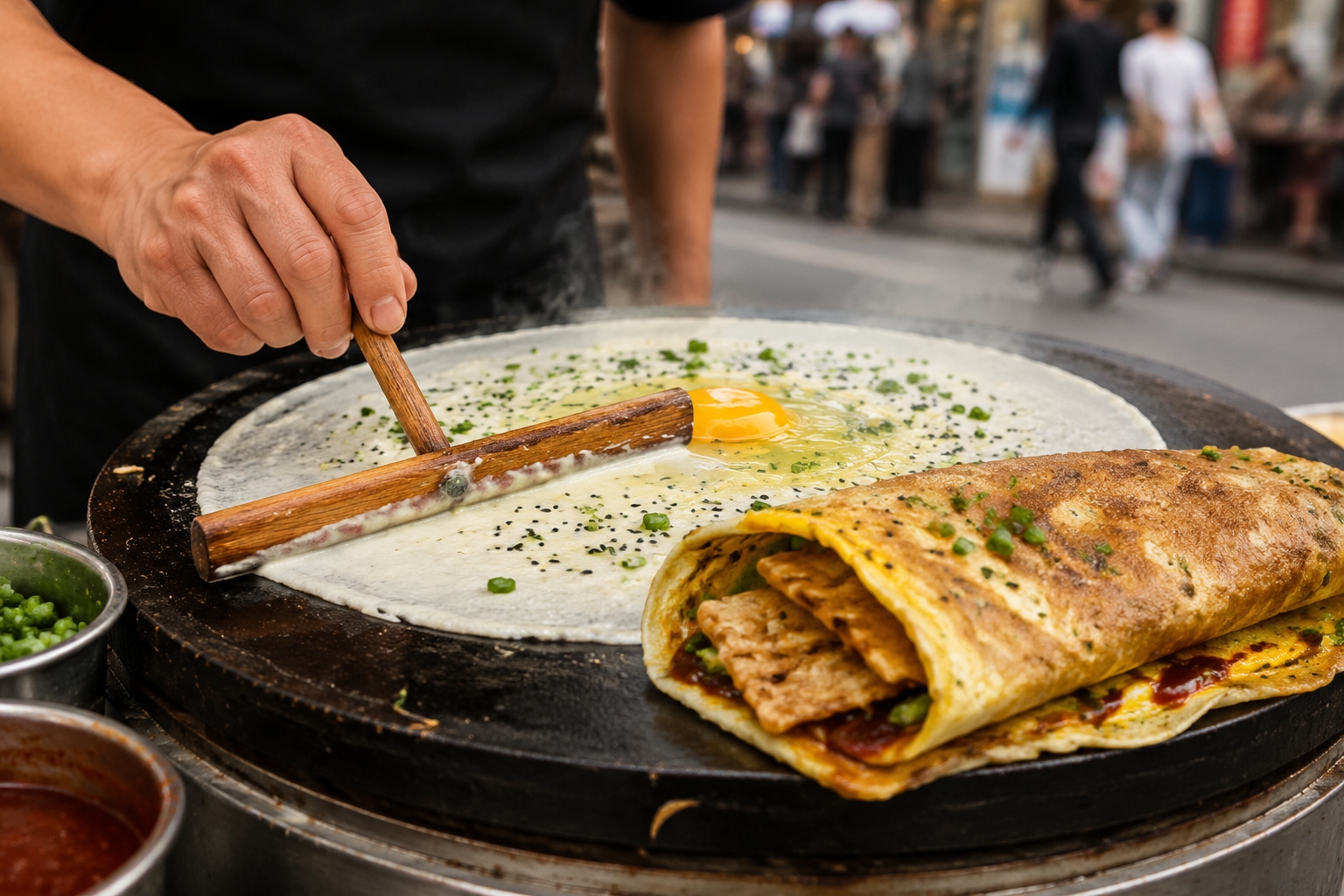 Street vendor making a jianbing with egg and scallions on a round griddle in China