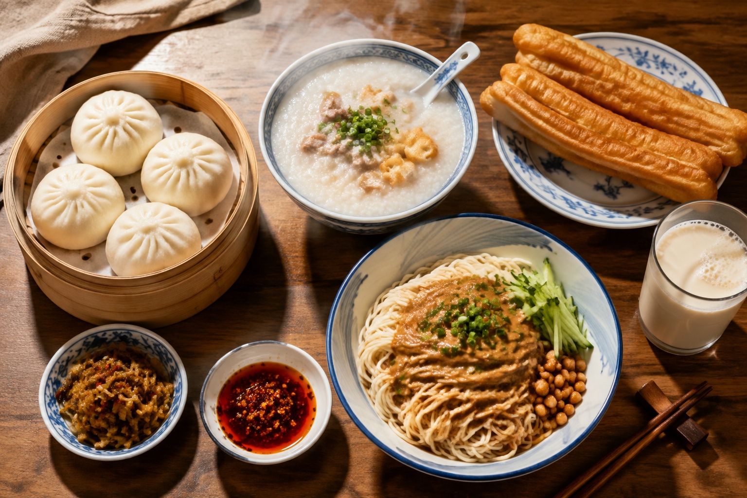 Assorted Chinese breakfast dishes including congee, baozi, youtiao, and noodles on a table
