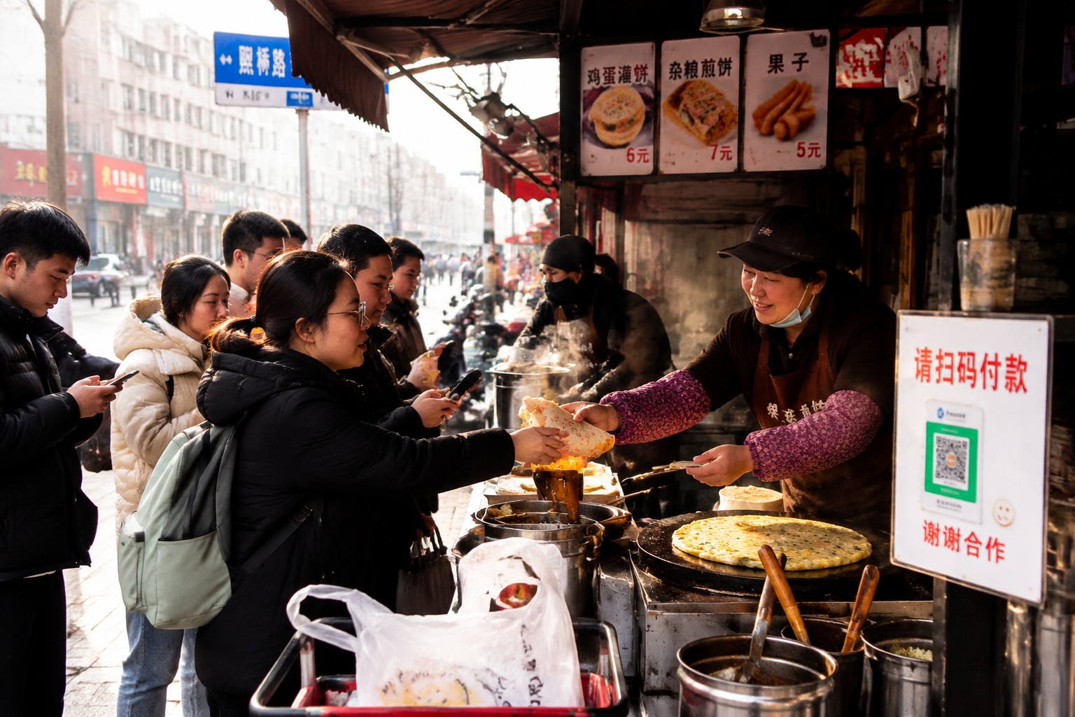 Customers ordering at a busy Chinese breakfast stall with QR code payment sign