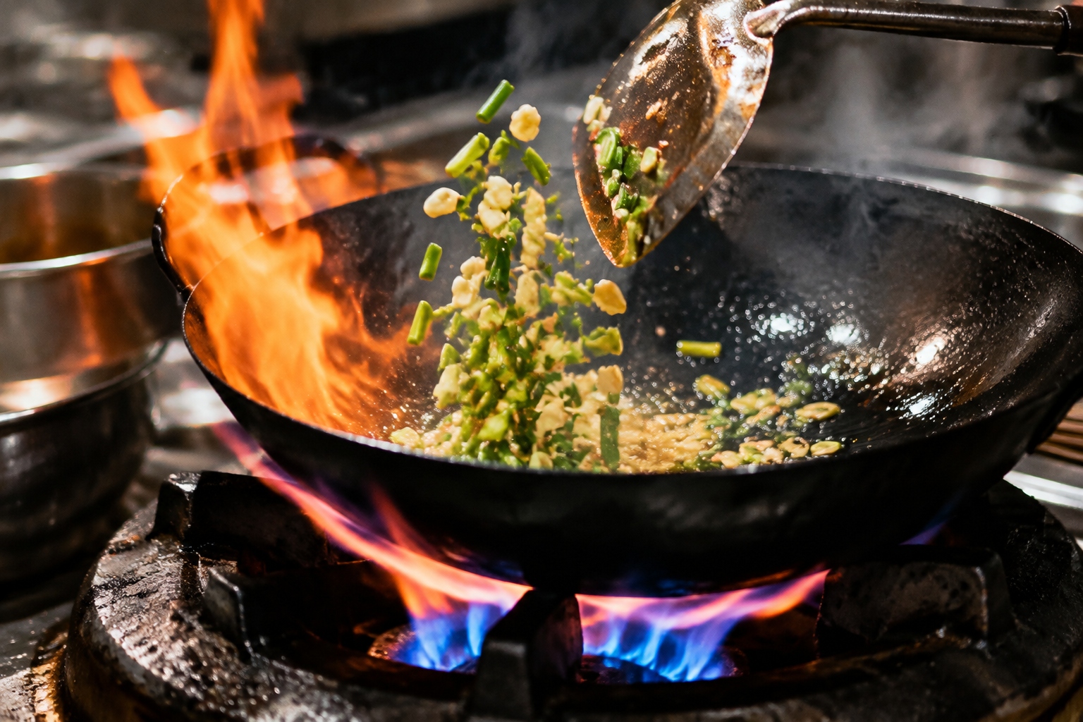 A close-up of a high heat Chinese stove with a flame rising up the side of a wok, creating the smoky wok hei effect while stir-frying vegetables