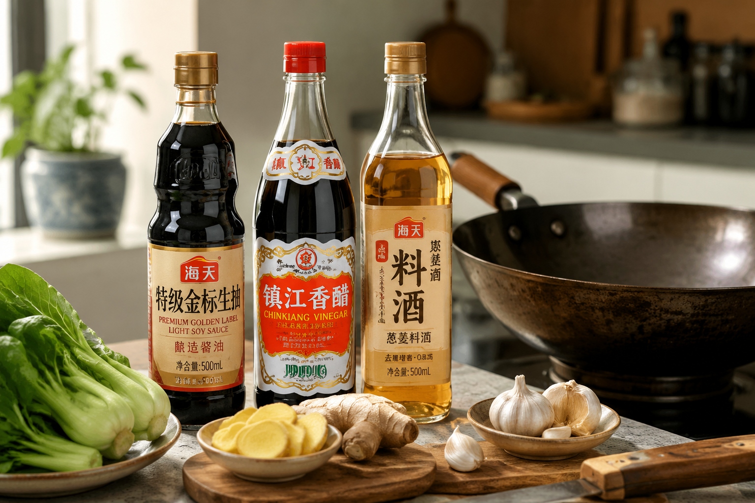 Soy sauce, Chinese vinegar, and cooking wine bottles arranged on a kitchen counter next to a wok and fresh ingredients, showing the three essential seasonings in Chinese cooking