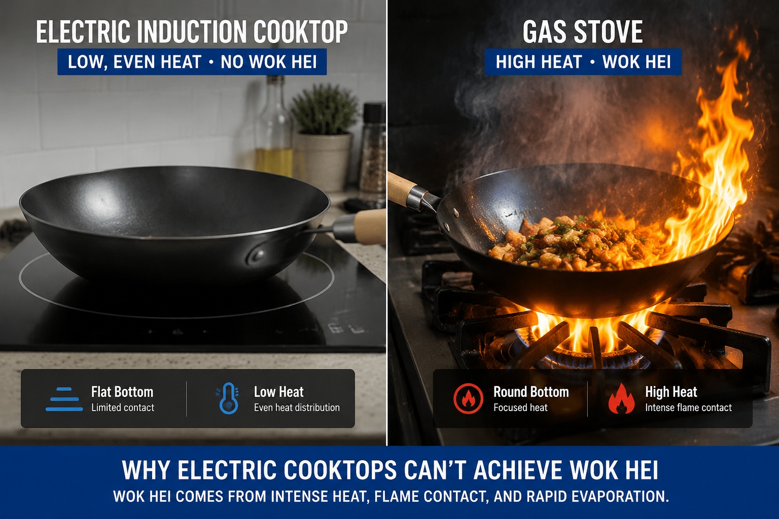 Split-screen comparison of the same wok on an electric induction cooktop versus a high-power gas burner, showing the dramatic difference in flame and smoke production