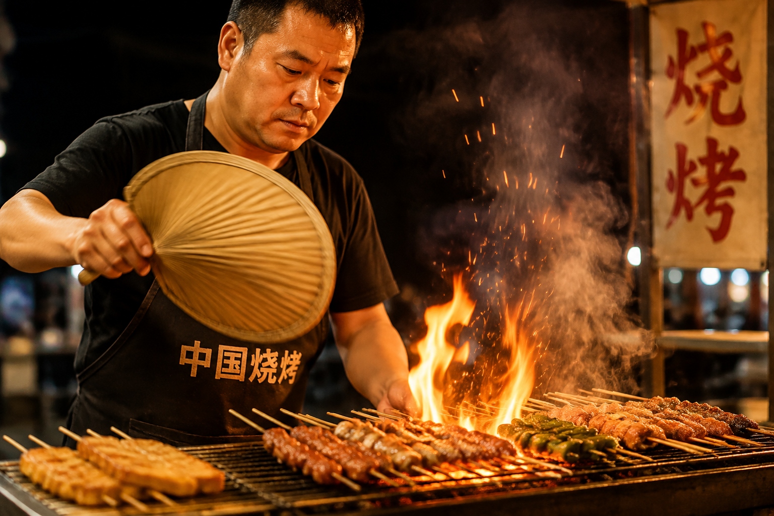 A street vendor grills meat skewers over charcoal at a Chinese night food stall, with smoke rising into the evening air
