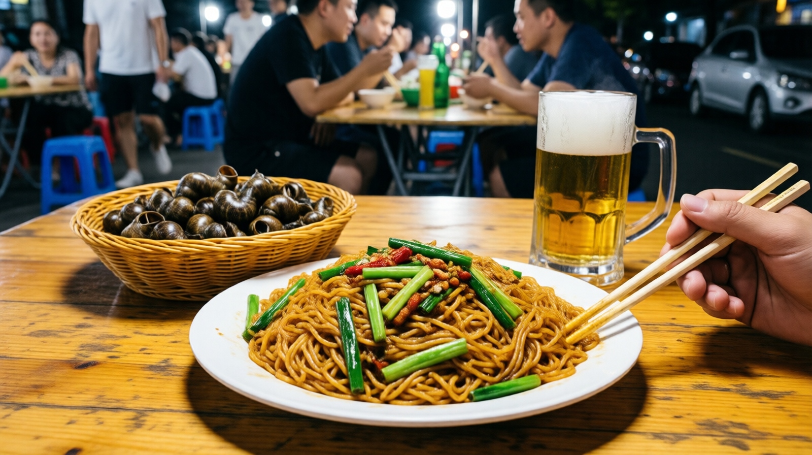 Stir-fried noodles and boiled snails on a small table at an outdoor Chinese night food stall