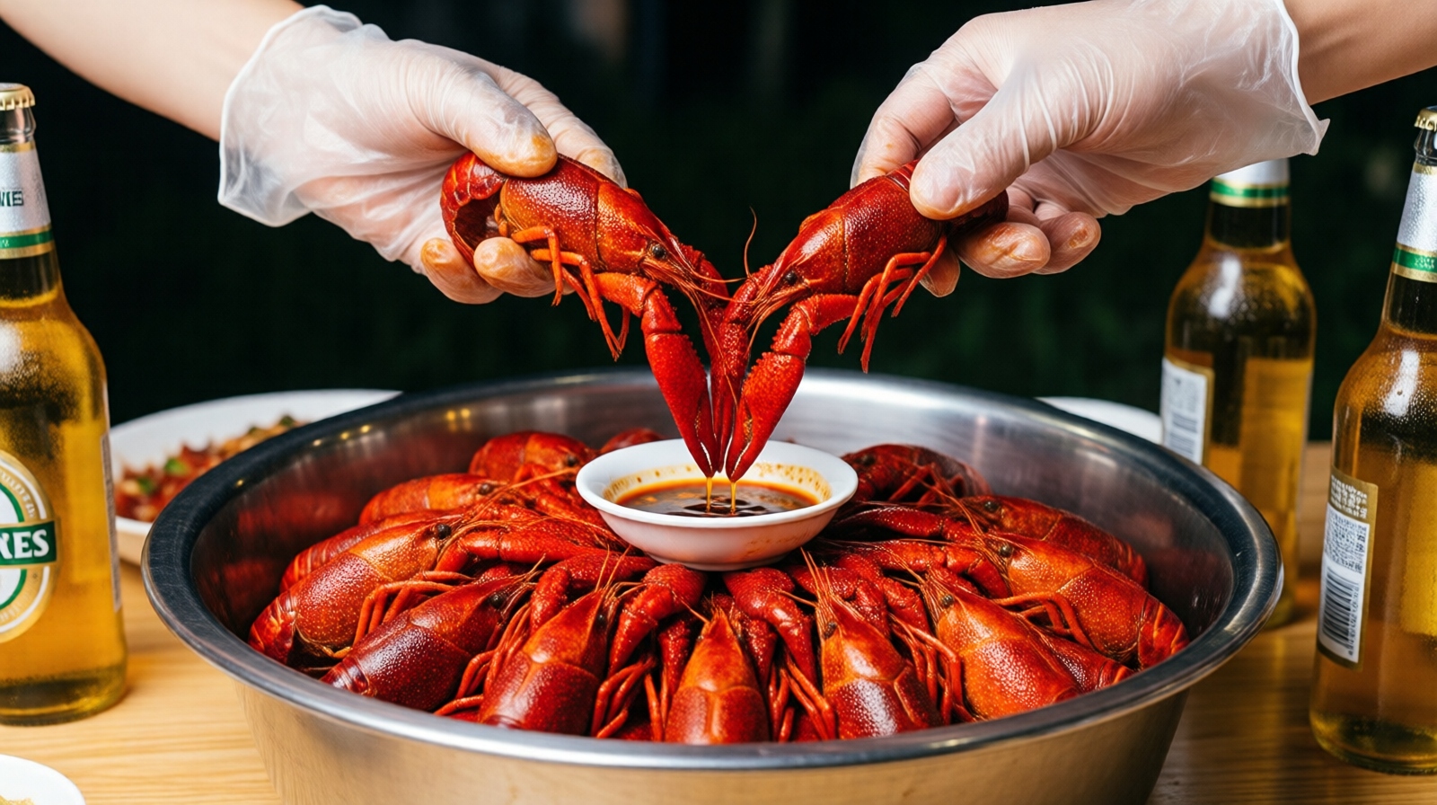 People in gloves eating and peeling spicy crayfish at a summer night snack gathering in China