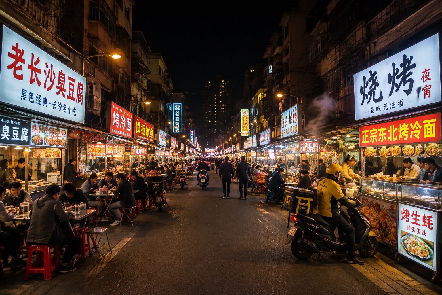 A busy night snack street in China with food stalls, diners, and a delivery rider