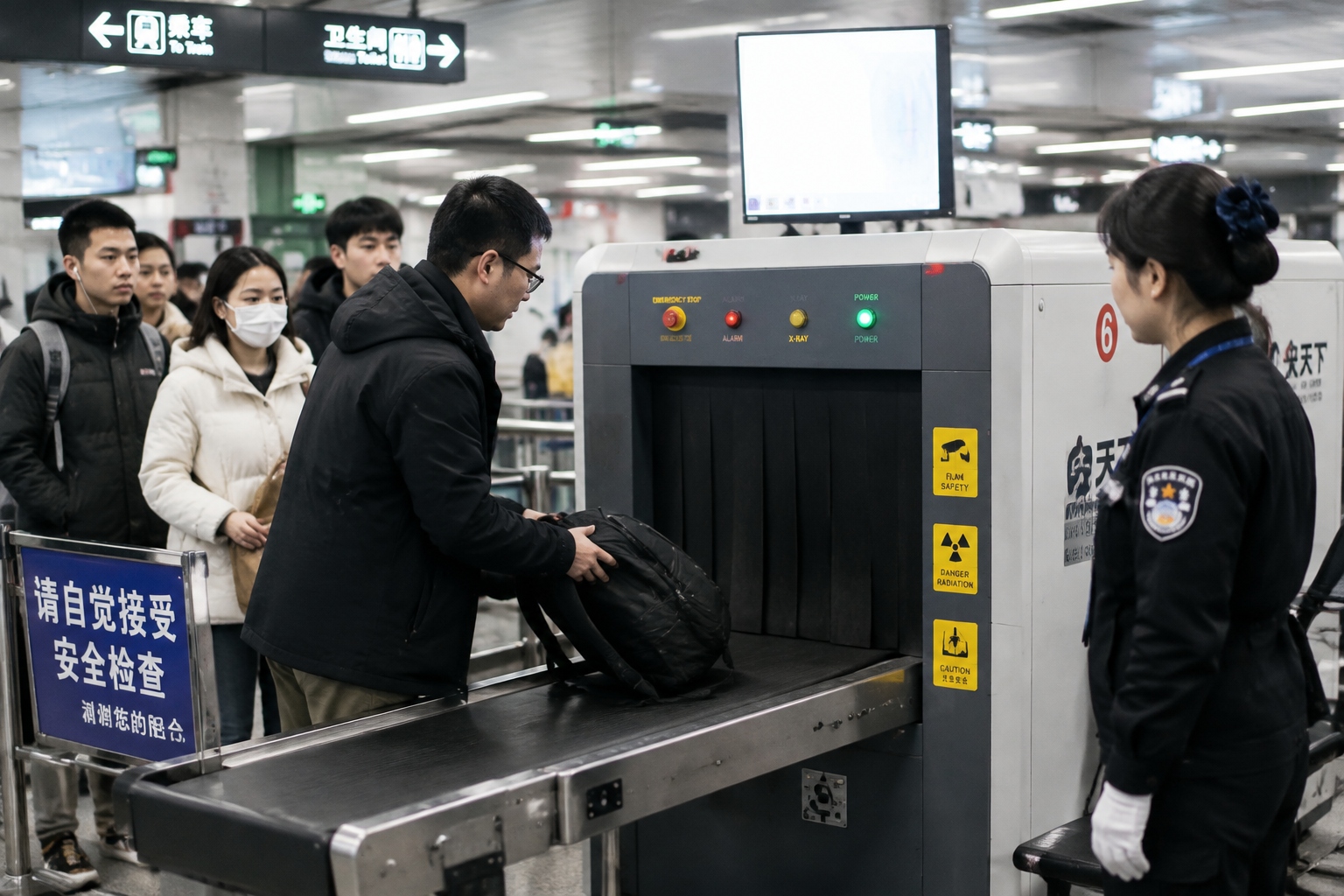Passenger placing backpack on X-ray conveyor belt at a Chinese subway security checkpoint