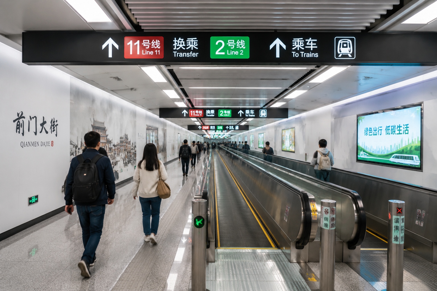 Long transfer walkway in a Chinese metro station with signs and moving walkways